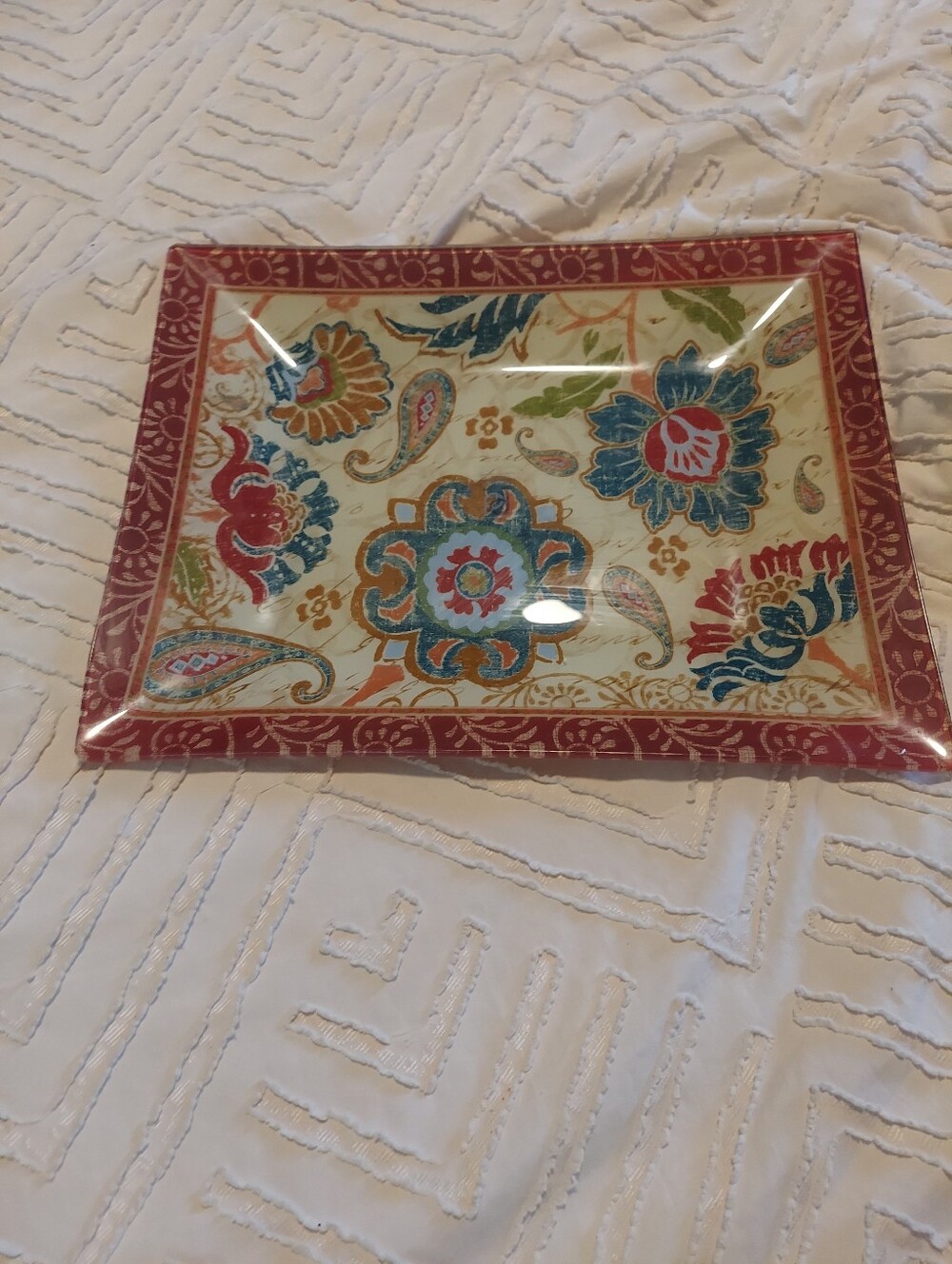 Boho Floral Paisley Rectangular Glass Decorative Serving Platter Tray